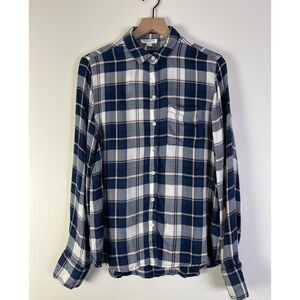 Beach Lunch Lounge Plaid Flannel Button Down Shirt Preppy Navy‎ White Pink L/G
